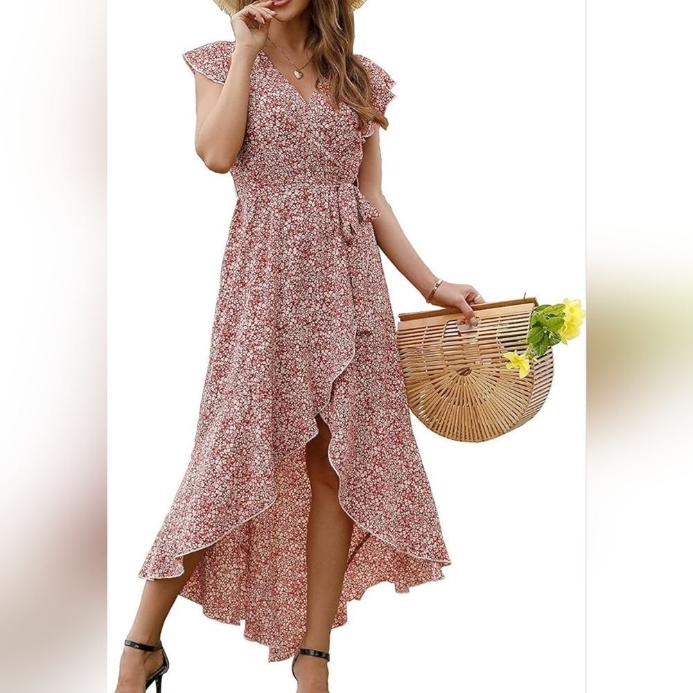 floral faux wrap midi dress, asymmetrical hem, ruffle sleeves, new with tags